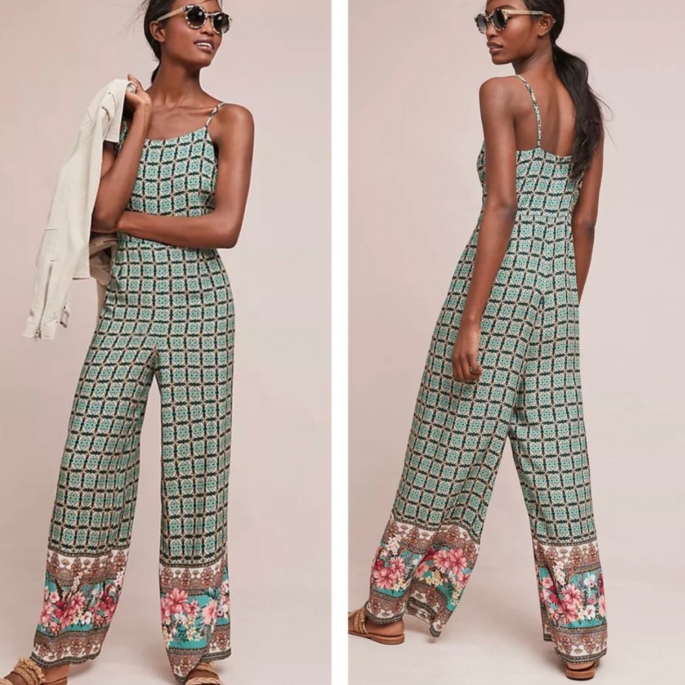 Farm Rio Honolulu Jumpsuit Wide‎ Leg Floral Border Sleeveless Green XS